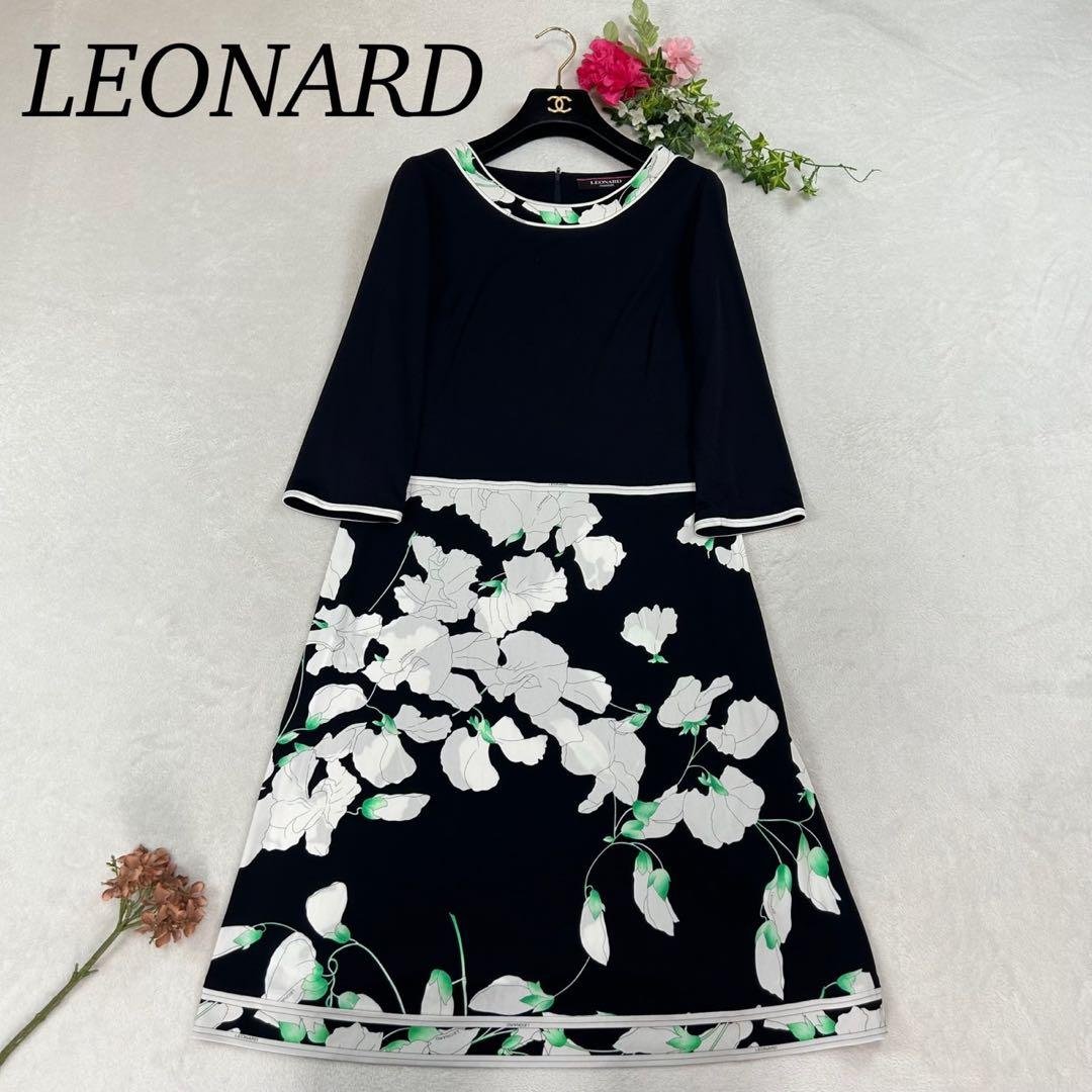 K532 美品 L レオナール カンカン素材 花柄 ひざ丈ワンピース レディース