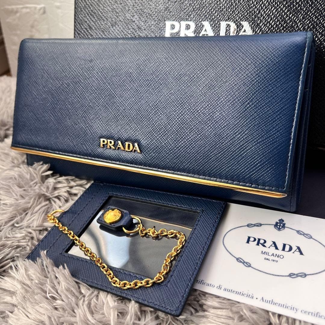 極美品✨PRADA サフィアーノ　メタルバー　メタルロゴ　2点セット　ネイビー
