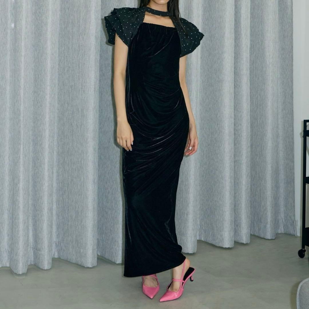 【未使用タグ付】ANDRESD ドレープベロアドレス　ドットブラック　M