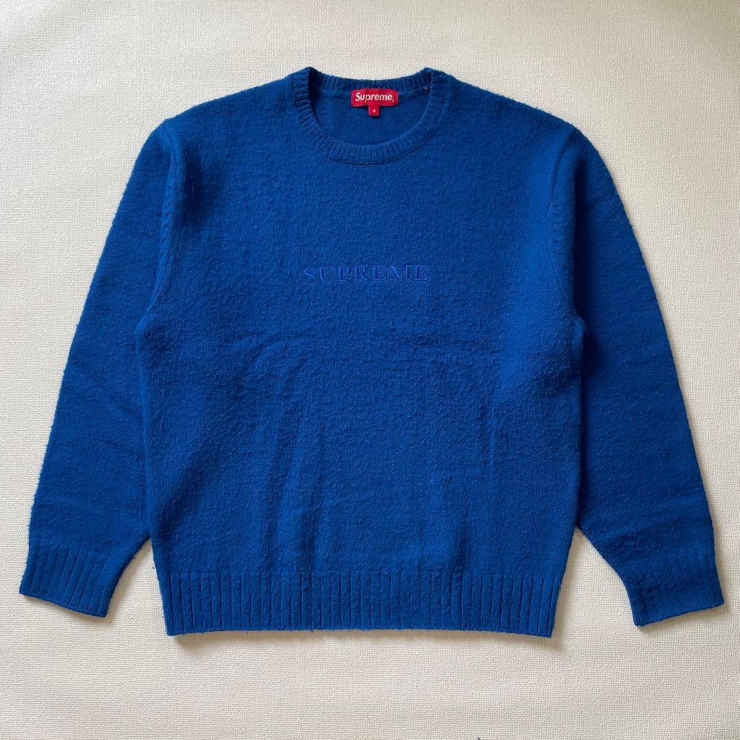 Supreme ニット セーター 刺繍ロゴ　ウール混素材　青　S