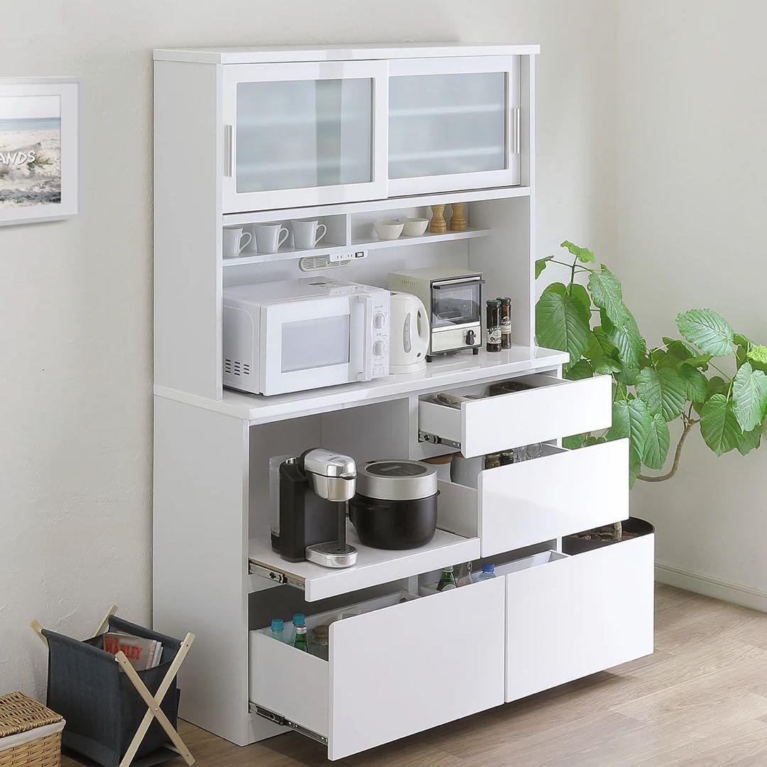 【美品】ニトリ 鏡面仕様 キッチンボード 引戸タイプ (幅120cm WH)