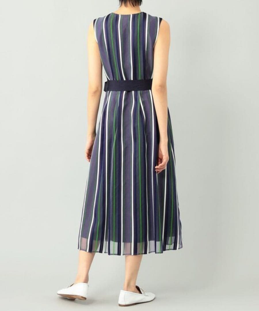 美品　グレースクラス　シアーストライプJQワンピース　ロング　ウエストリボン