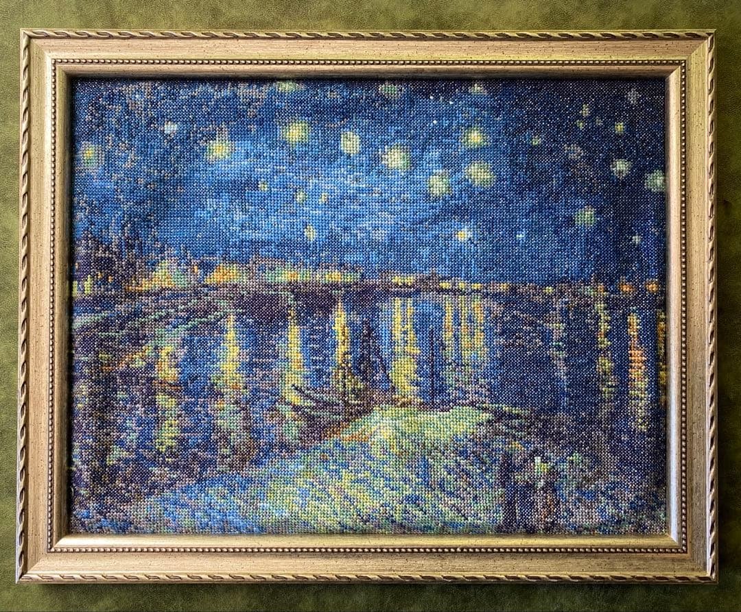 【完成品】〈ローヌ川の星月夜〉クロスステッチ